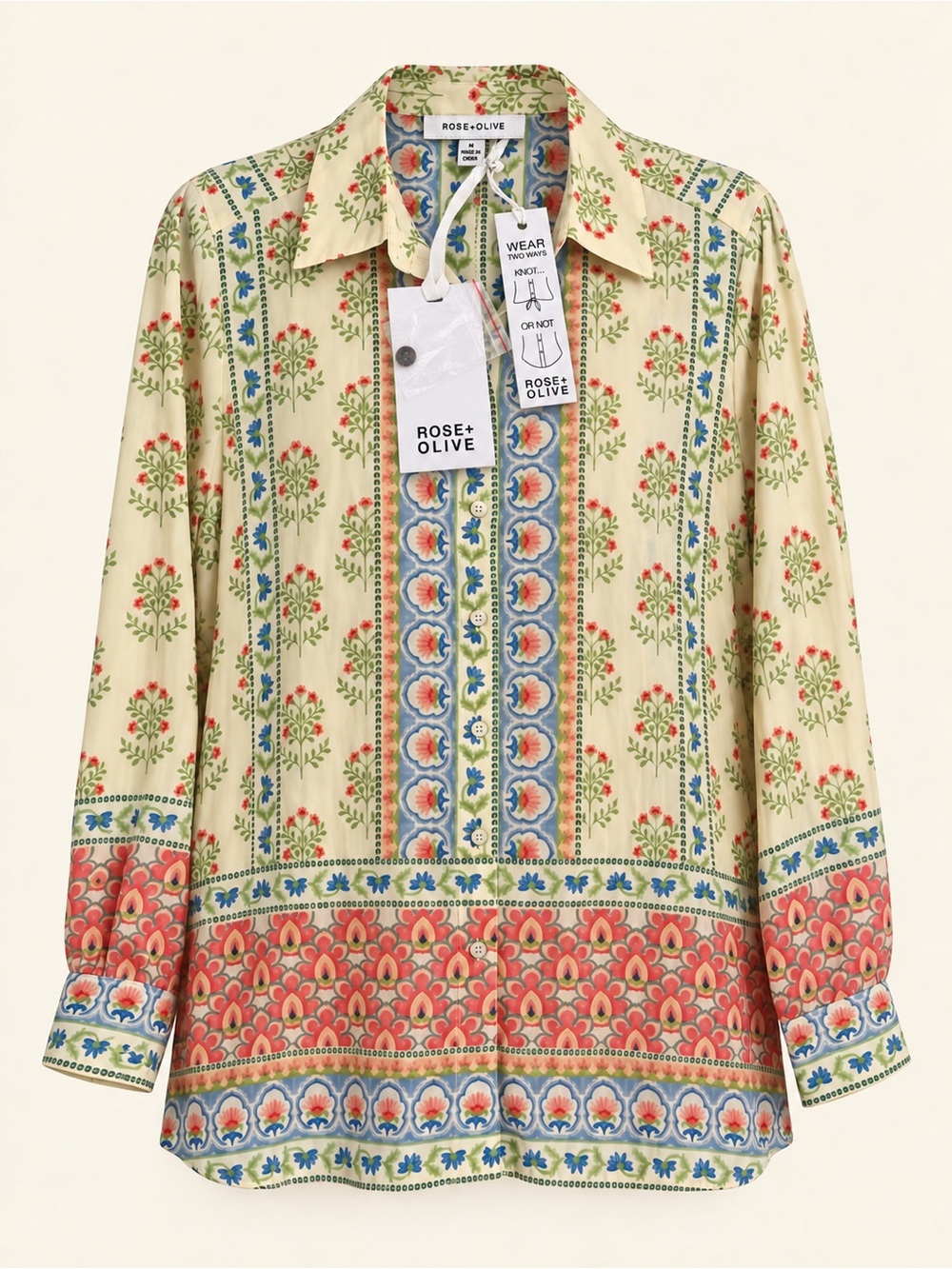 Rose + Olive Floral Border Print Button-Down Tunic Blouse NWT Size M